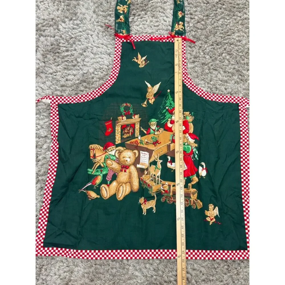 Vintage Handmade Christmas Apron Santa Teddy Bear Holiday Kitchen Gingham Trim